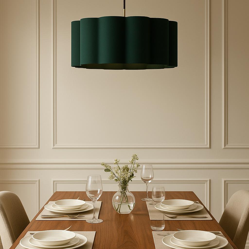 Dining room with a wooden table set for four, green pendant light, and decorative elements.