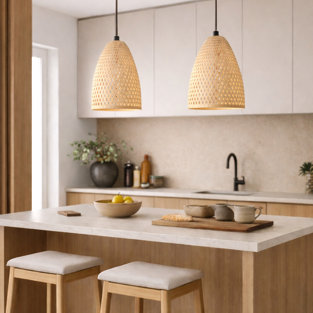 Modern kitchen with wooden island, stools, and pendant lights.