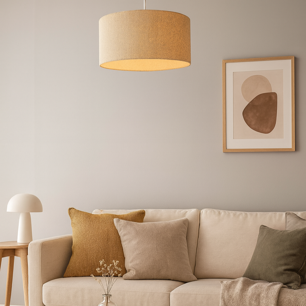 Living room with beige sofa, round coffee table, and wall art.