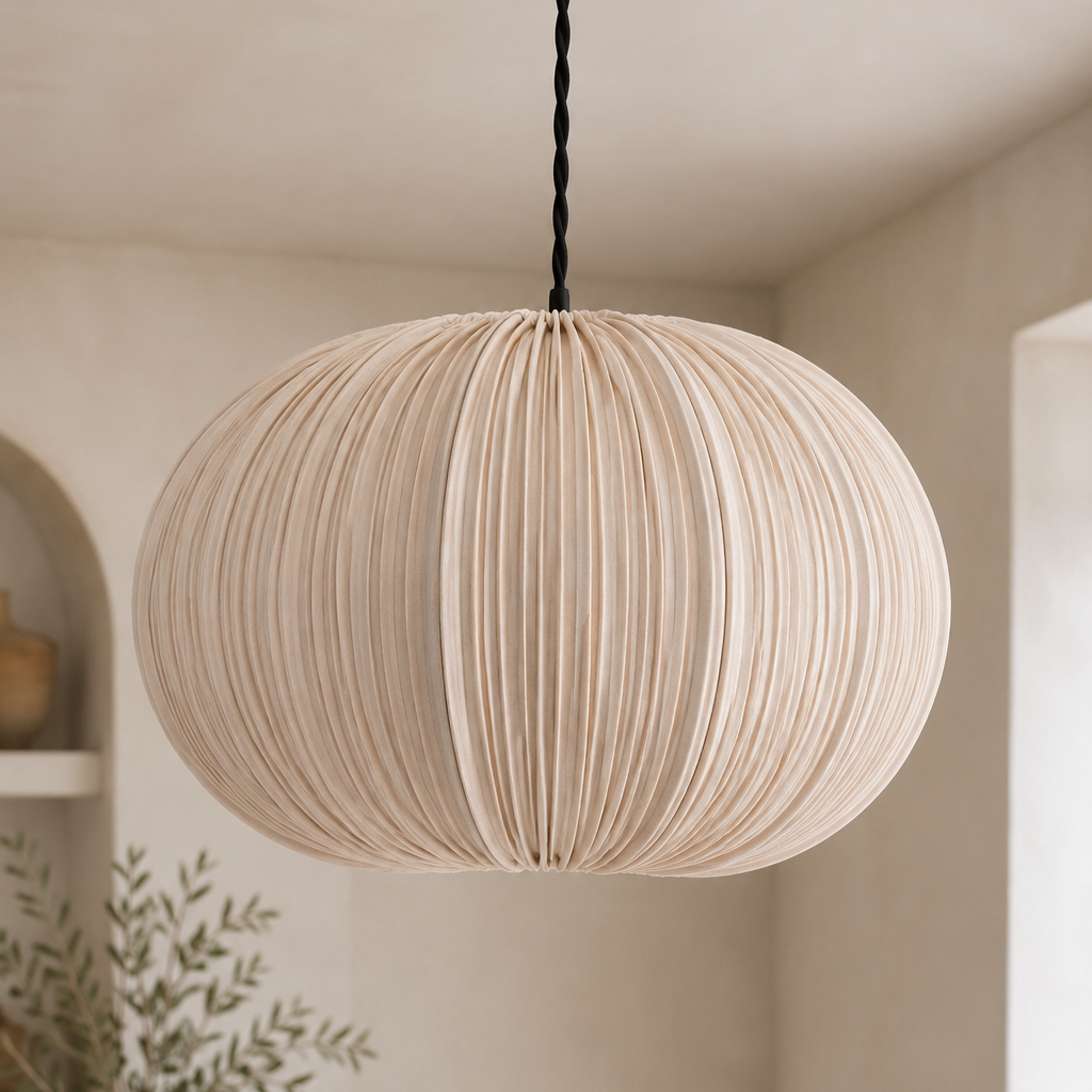 A spherical pleated paper pendant light in a warm cream color, suspended from a black twisted cord and a gold ceiling canopy in a minimalist, warm-toned room.