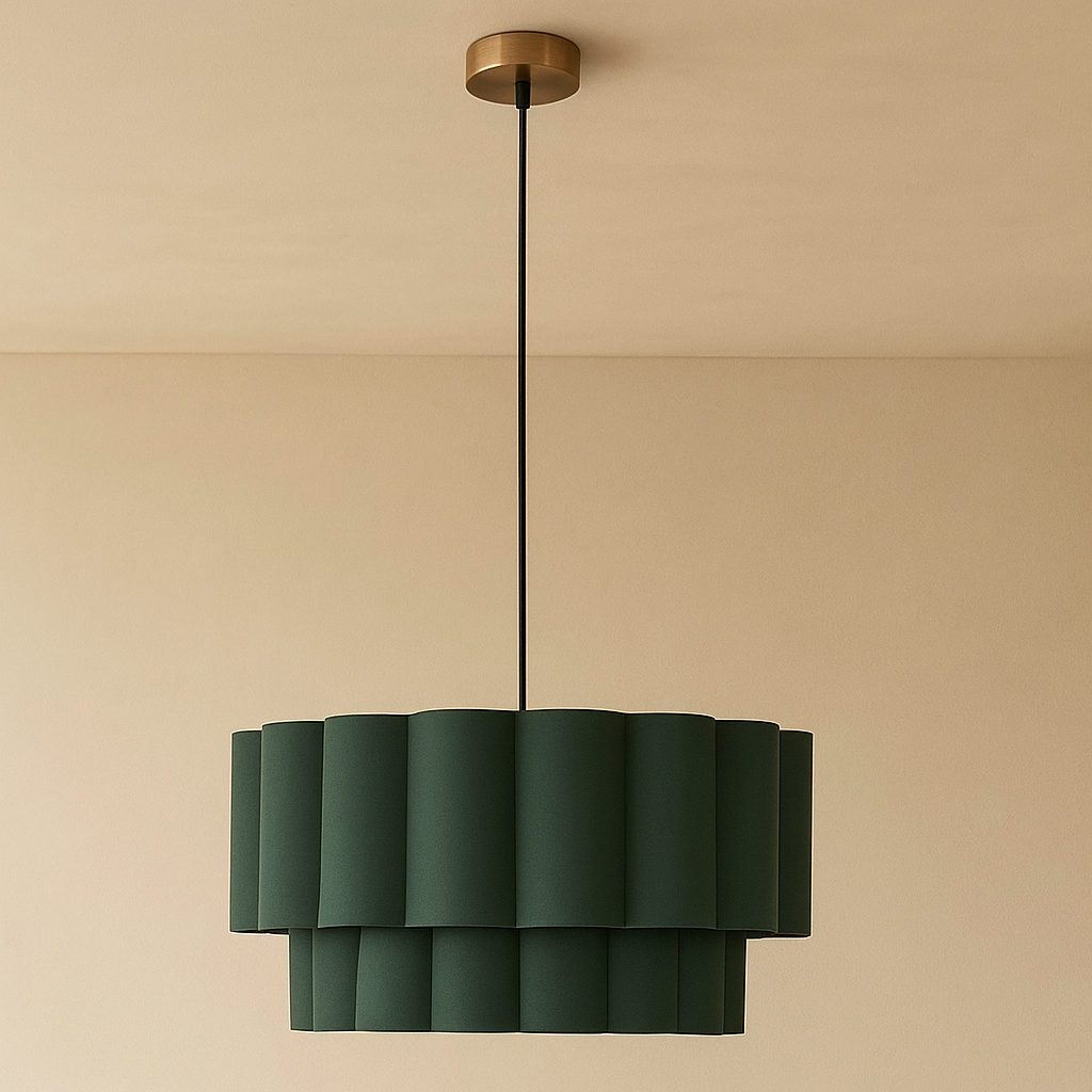 Green pendant light hanging against a beige wall