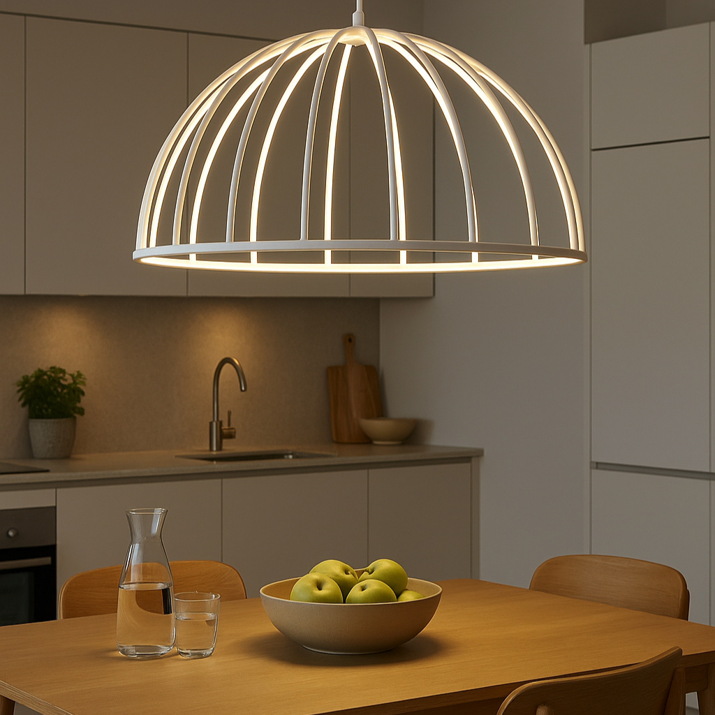 Modern pendant light hanging above a kitchen table with apples and a carafe.