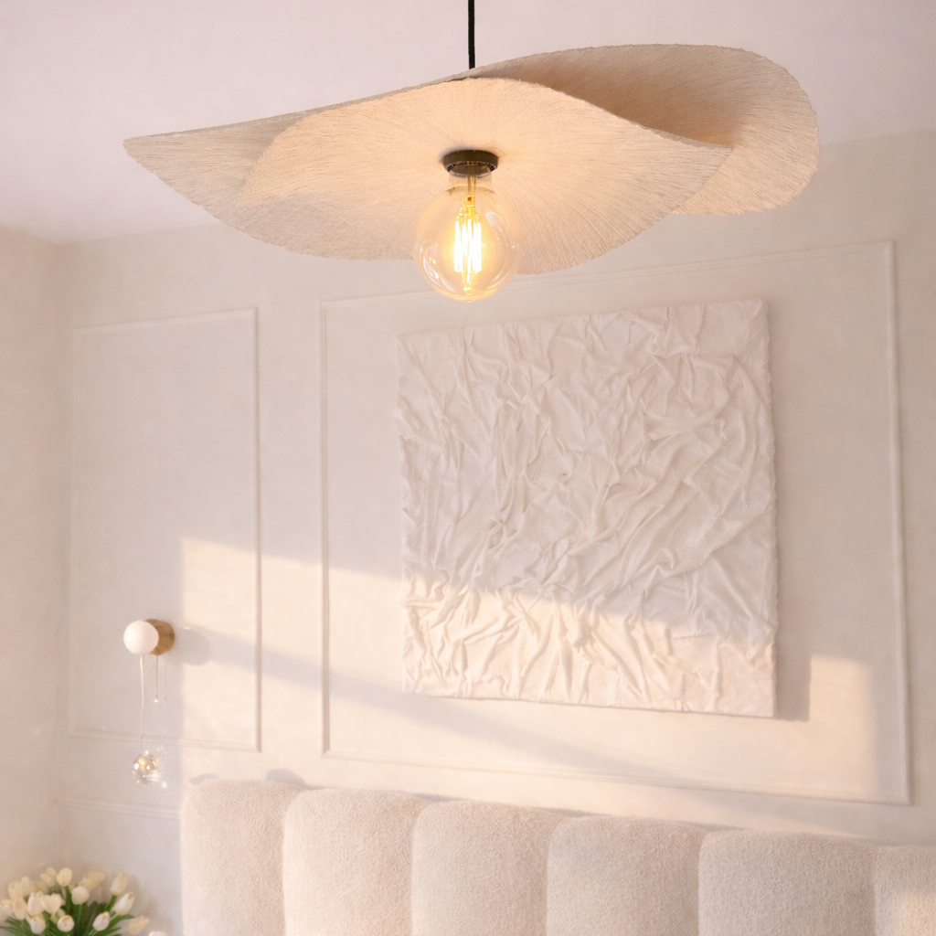 Modern ceiling light fixture in a bedroom setting with soft lighting.