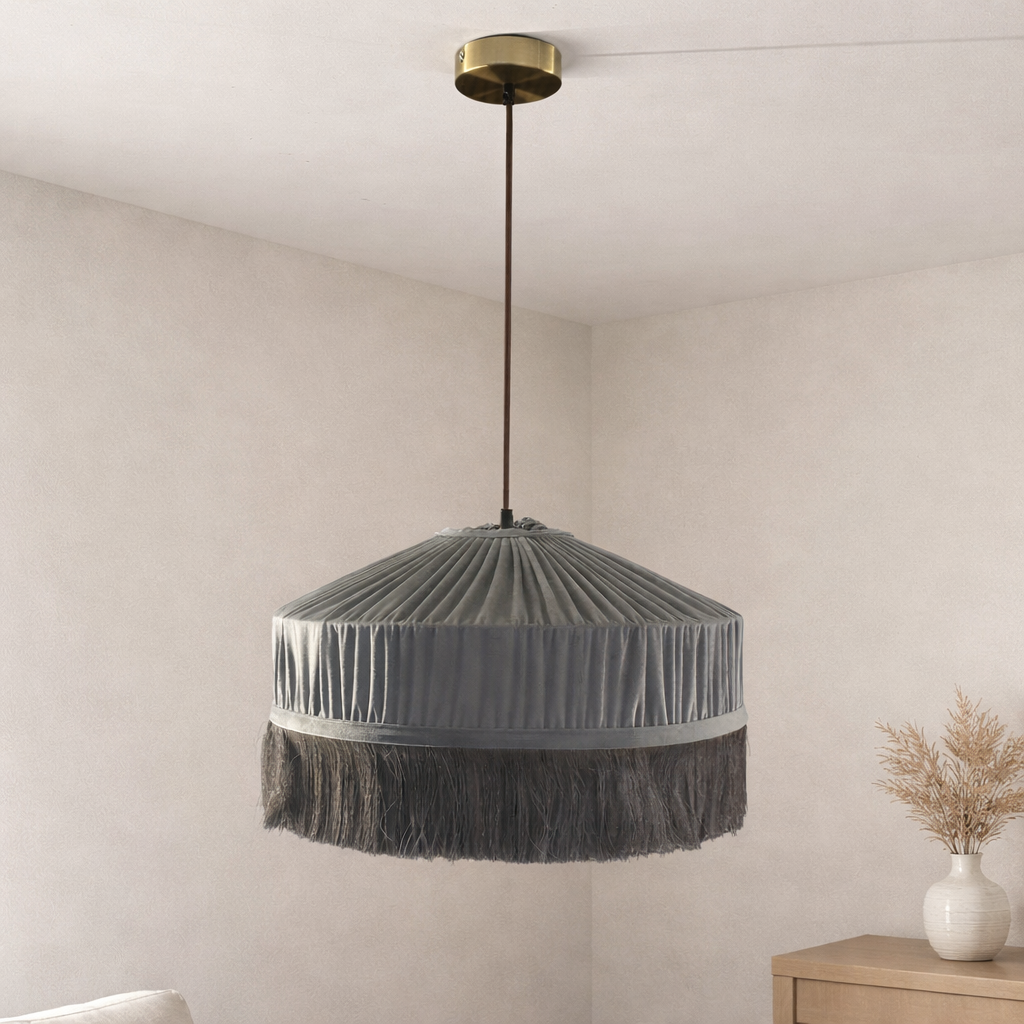 CGC Grey Victoria Velvet Fringe Lampshade – Pleated Tassel Pendant Light Shade