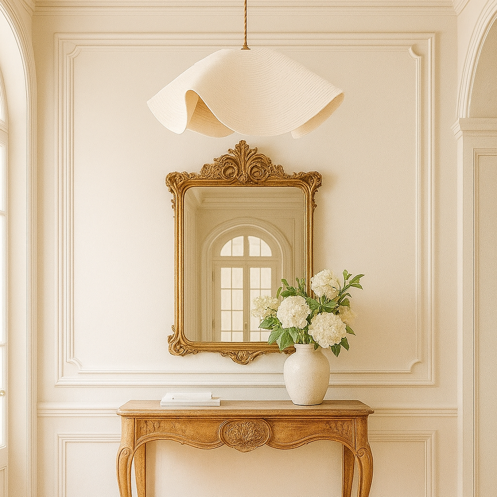 Decorative mirror on a wooden console table with flowers against a white wall.