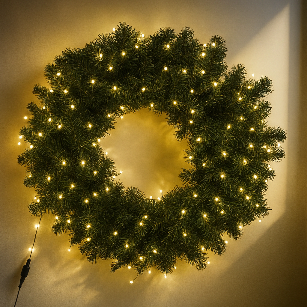 Decorative wreath with string lights on a plain background