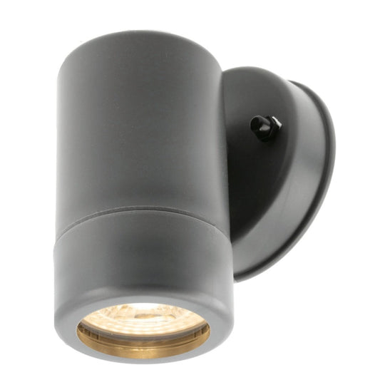 Our Valentine dark grey outdoor single spot cylinder wall light would look perfect in a modern or more traditional home design. Outside wall lights can provide atmospheric light in your garden, at the front door or on the terrace as well as a great security solution. It is designed for durability and longevity with its robust material producing a fully weatherproof and water resistant light fitting.  Use LED bulbs to make this light energy efficient and low cost to run.