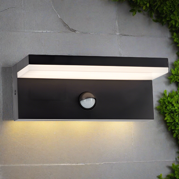 CGC Dallas Black Rectangular Outdoor Wall Light PIR Motion Sensor LED Opal Diffuser 3000k Warm White IP54