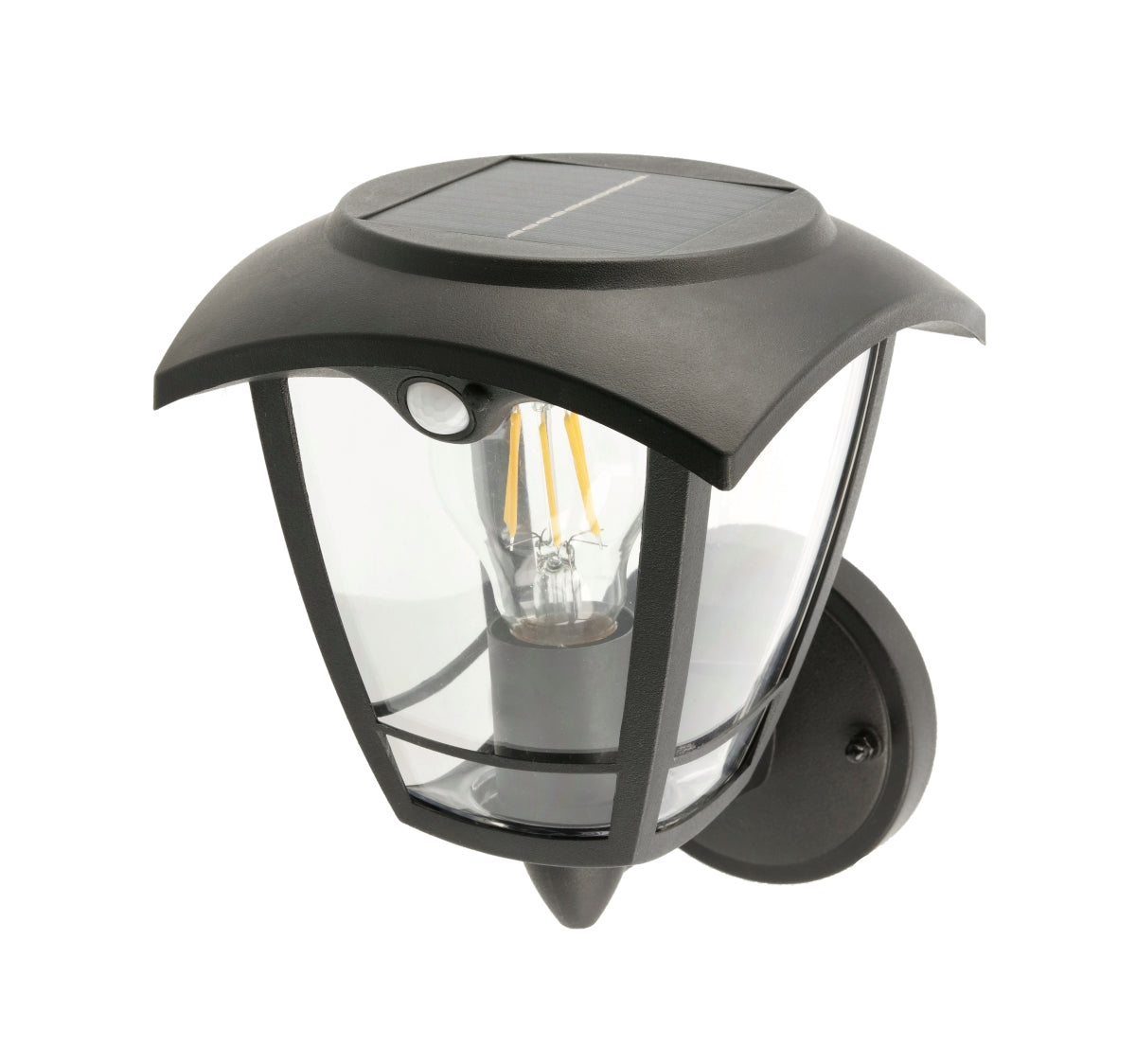 Create an aesthetically pleasing lighting system around your home with our Lara solar lantern light for your walls. This product is featured as an elegant and traditional lantern wall light design, constructed from black polycarbonate and fitted with clear polycarbonate diffusers. The Lara wall light comes complete with an integrated filament warm white LED bulb and integrated PIR motion sensor