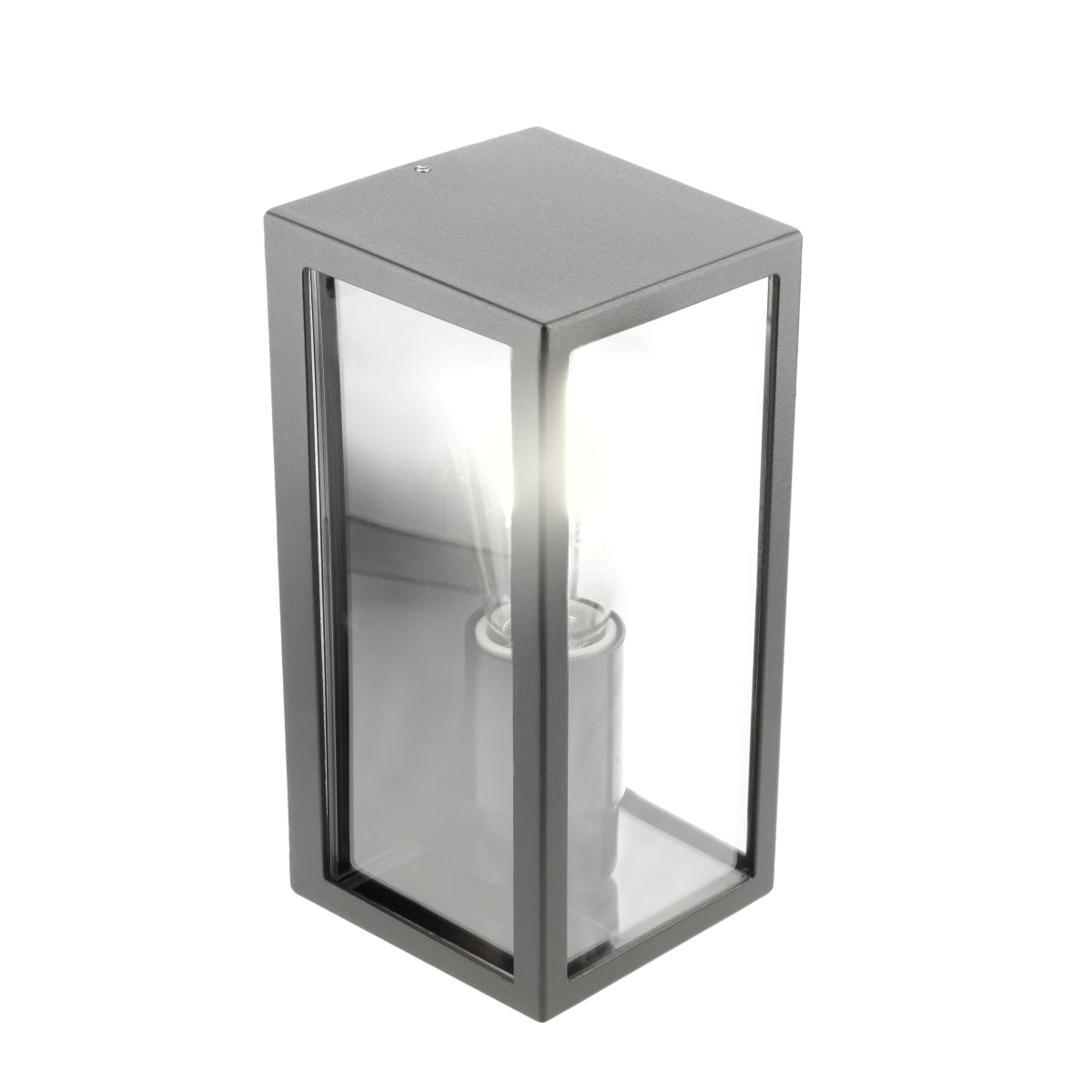 Metallic wall-mounted light fixture with glass cover on a white background