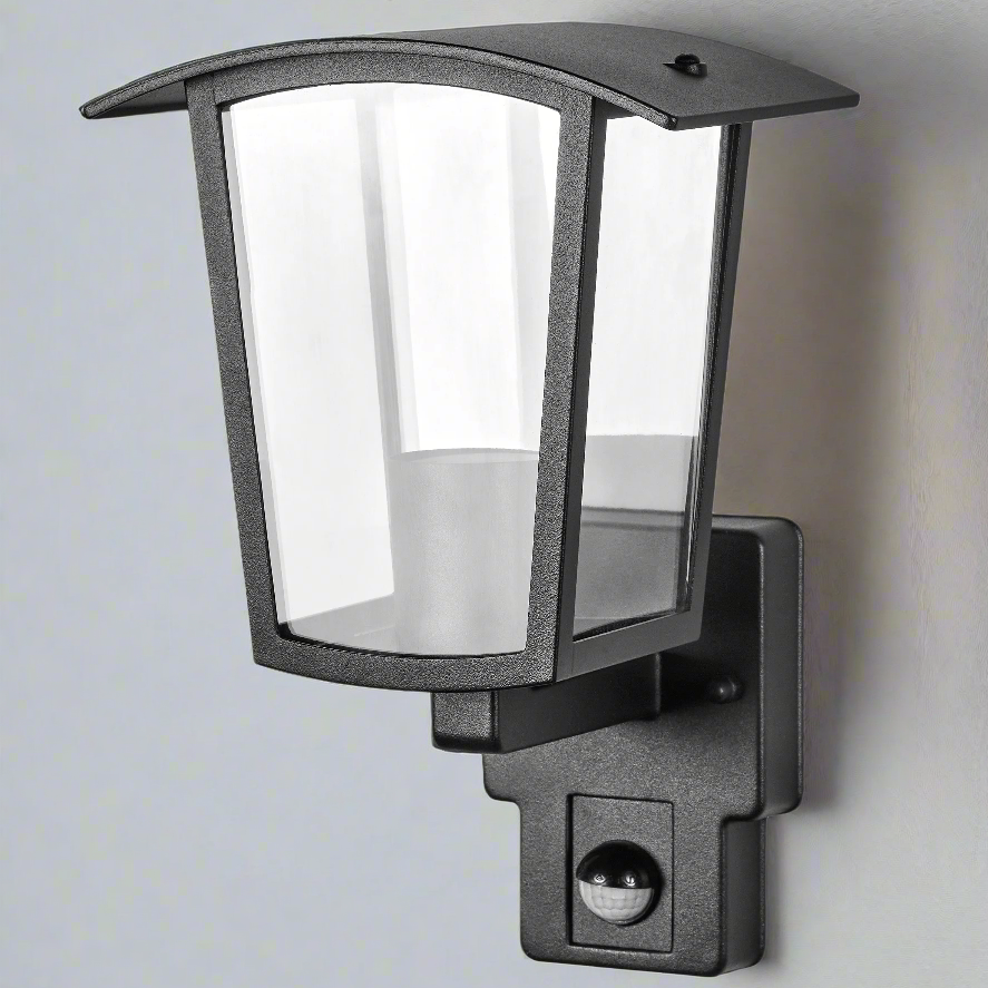 CGC ALLY Black E27 Outdoor Wall Light Lantern Clear Diffuser IP44 with PIR Motion Sensor