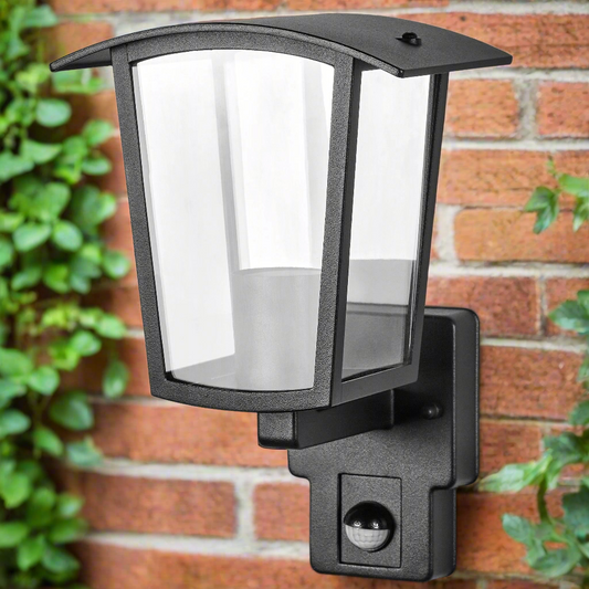 CGC ALLY Black E27 Outdoor Wall Light Lantern Clear Diffuser IP44 with PIR Motion Sensor