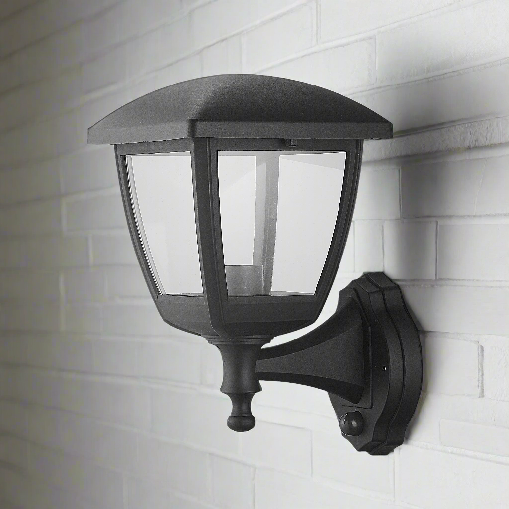 CGC NOVA Large Black Outdoor Wall Lantern Light PIR Motion Sensor with Clear Diffuser IP44 Polycarbonate Coastal