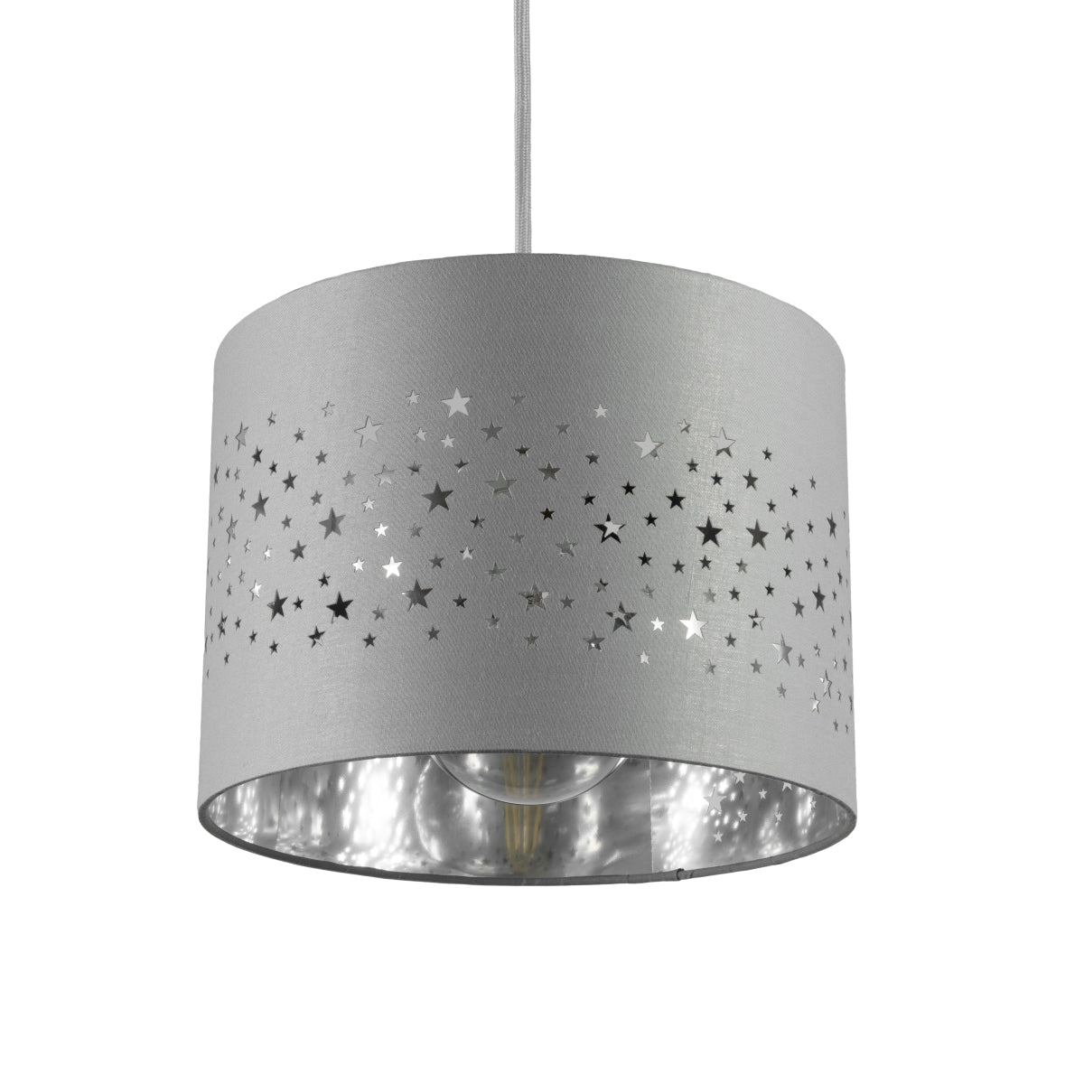 The Stardust luxury grey fabric star pendant shade would make a charming touch to your room. Constructed from a high quality soft grey cotton material with intricate laser cut stars in various sizes making a stunning effect in the room when lit