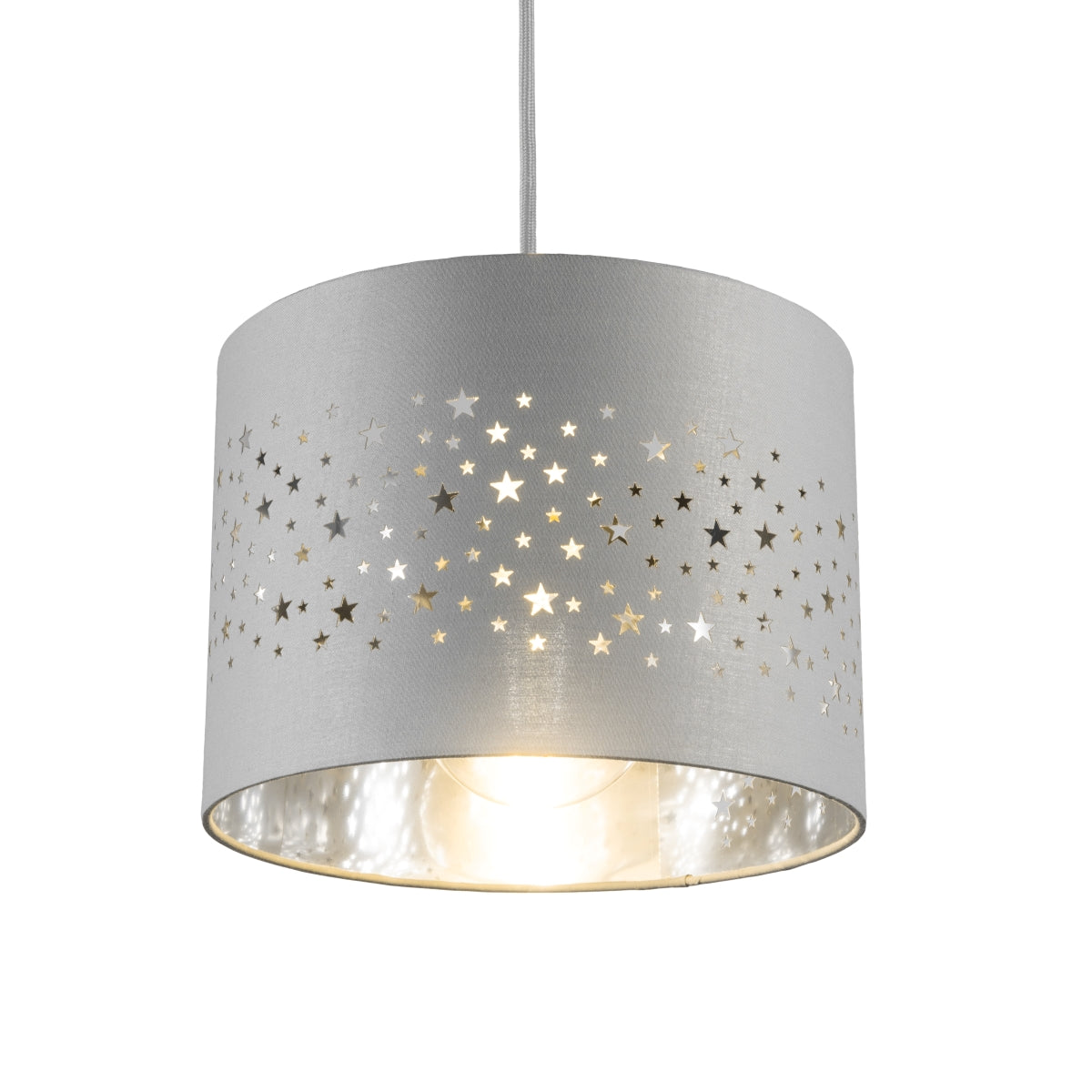 The Stardust luxury grey fabric star pendant shade would make a charming touch to your room. Constructed from a high quality soft grey cotton material with intricate laser cut stars in various sizes making a stunning effect in the room when lit