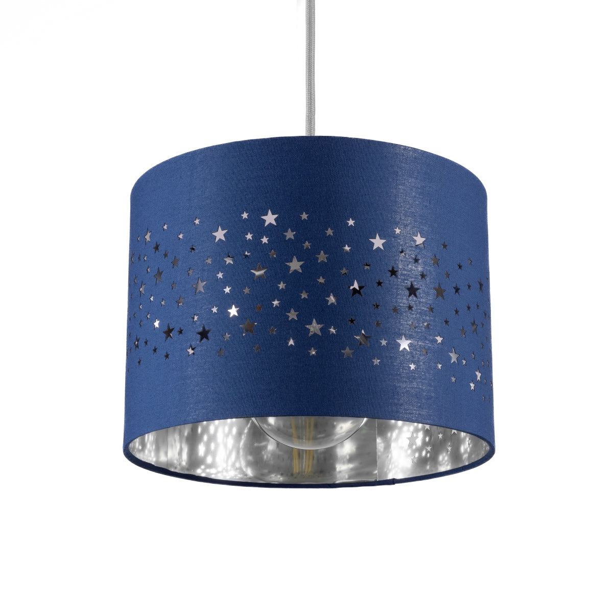 The Stardust luxury navy fabric star pendant shade would make a charming touch to your room. Constructed from a high quality soft navy cotton material with intricate laser cut stars in various sizes making a stunning effect in the room when lit. This easy fit non electrical pendant lampshade and can simply be fitted over any standard light fitting or table lamp.