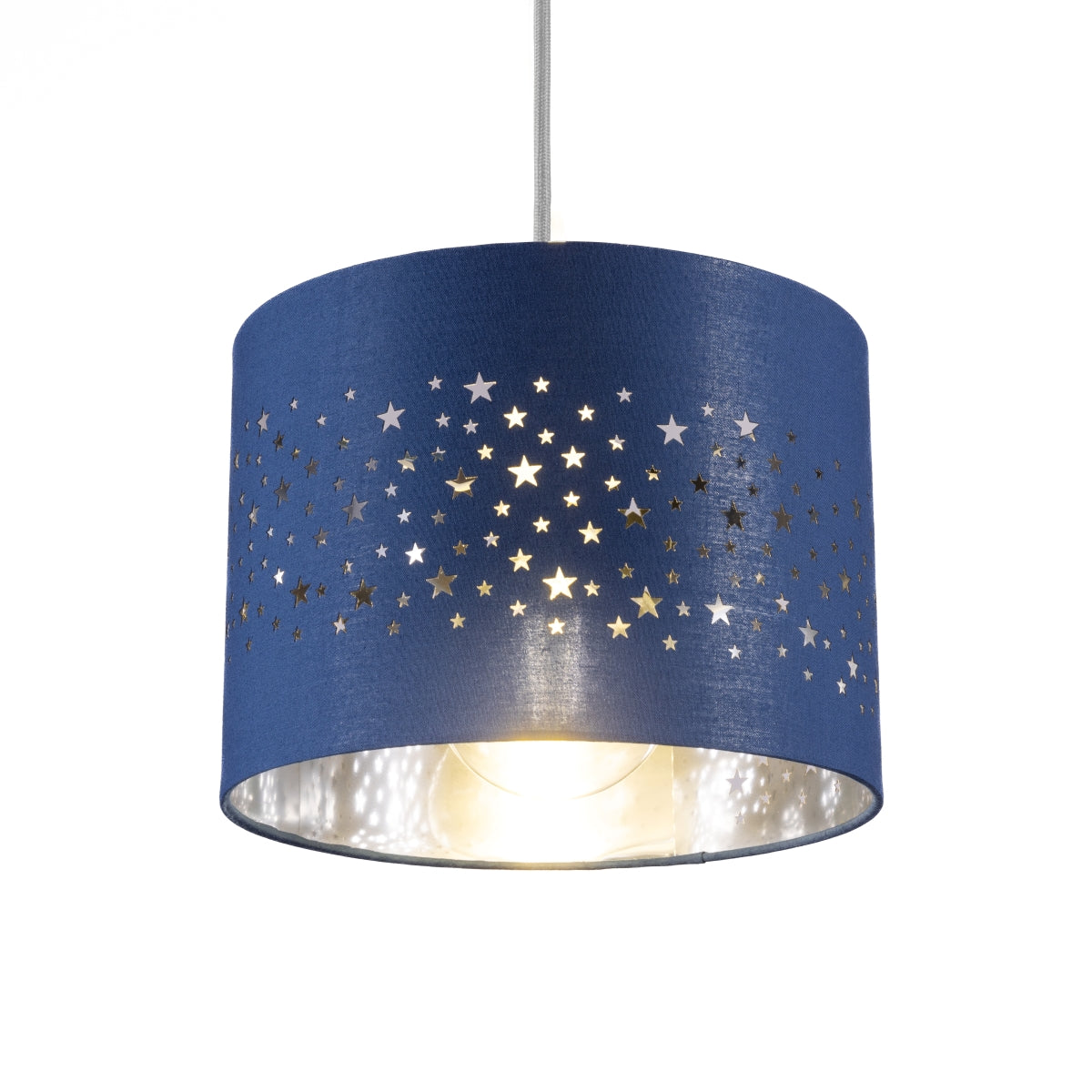 The Stardust luxury navy fabric star pendant shade would make a charming touch to your room. Constructed from a high quality soft navy cotton material with intricate laser cut stars in various sizes making a stunning effect in the room when lit. This easy fit non electrical pendant lampshade and can simply be fitted over any standard light fitting or table lamp.