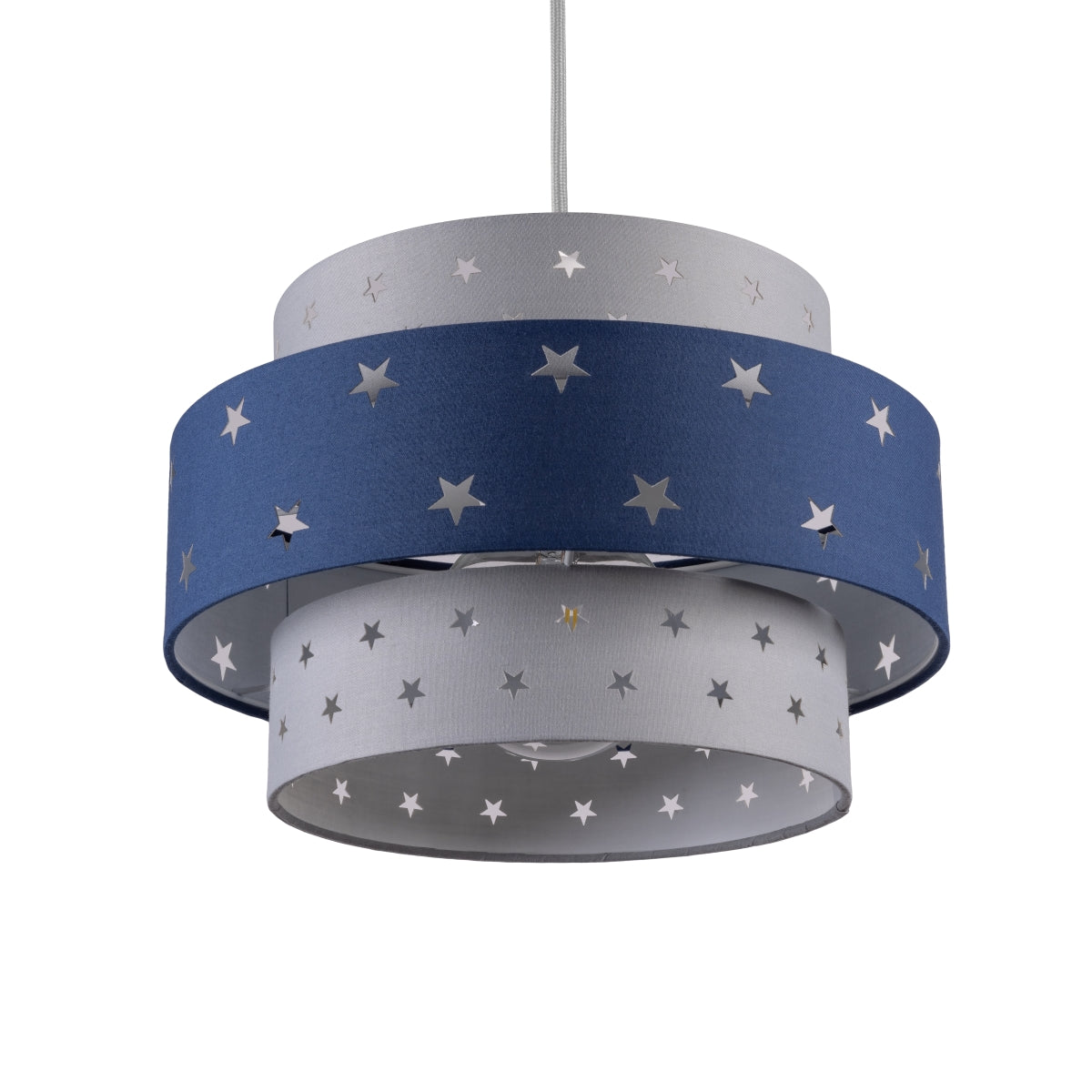 Our grey and navy two tiered star shade features a mixture of large and small sweet stars cut out across a grey and navy background. When your lamp is turned on it will shine out through these cut-outs, mimicking a beautiful night sky. This lampshade is made with soft-touch fabric for a little bit of luxury.