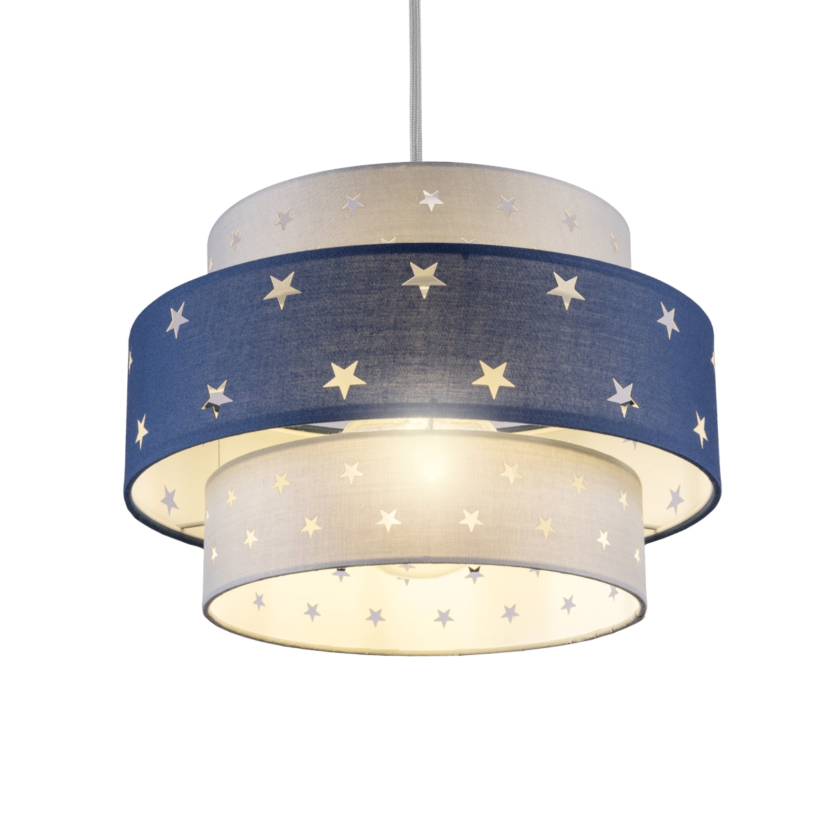 Our grey and navy two tiered star shade features a mixture of large and small sweet stars cut out across a grey and navy background. When your lamp is turned on it will shine out through these cut-outs, mimicking a beautiful night sky. This lampshade is made with soft-touch fabric for a little bit of luxury.