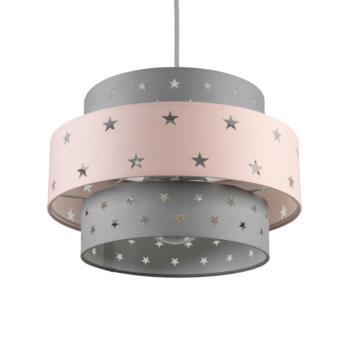 Our grey and pink two tiered star shade features a mixture of large and small sweet stars cut out across a grey and pink background. When your lamp is turned on it will shine out through these cut-outs, mimicking a beautiful night sky. This lampshade is made with soft-touch fabric for a little bit of luxury.