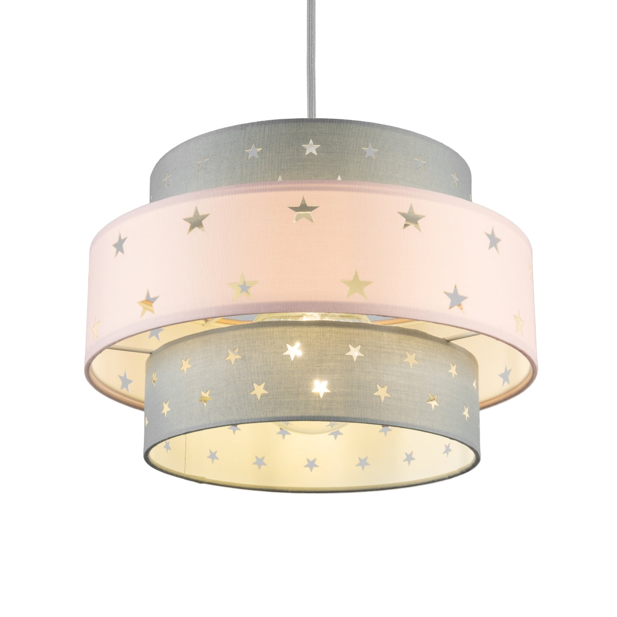 Our grey and pink two tiered star shade features a mixture of large and small sweet stars cut out across a grey and pink background. When your lamp is turned on it will shine out through these cut-outs, mimicking a beautiful night sky. This lampshade is made with soft-touch fabric for a little bit of luxury.