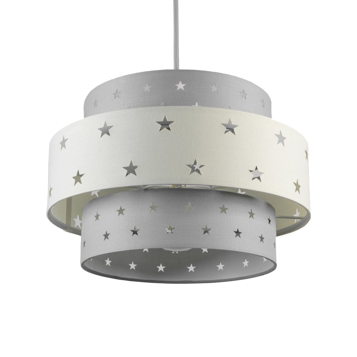 Our Grey and Cream two tiered star shade features a mixture of large and small sweet stars cut out across a grey and cream background. When your lamp is turned on it will shine out through these cut-outs, mimicking a beautiful night sky. This lampshade is made with soft-touch fabric for a little bit of luxury.