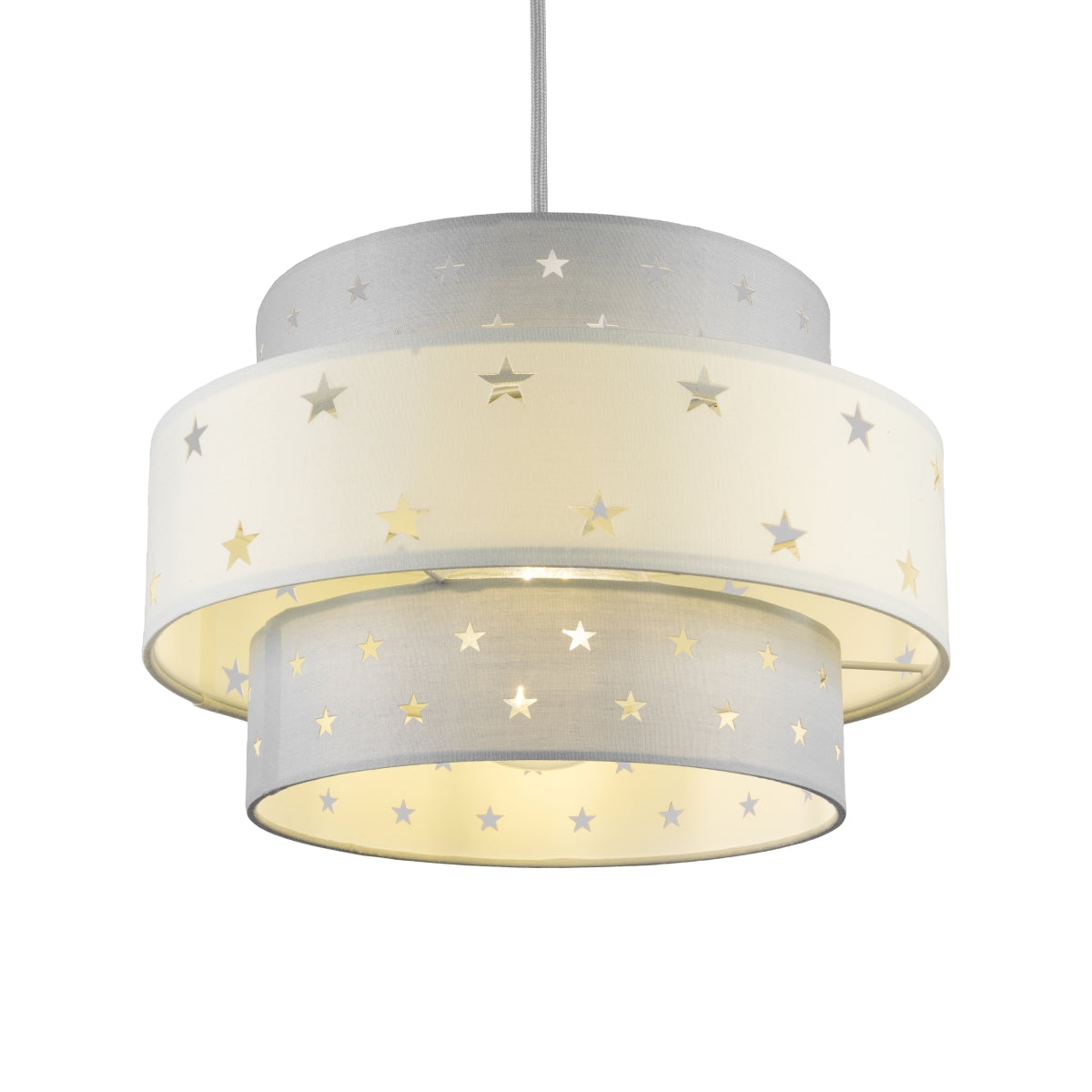 Our Grey and Cream two tiered star shade features a mixture of large and small sweet stars cut out across a grey and cream background. When your lamp is turned on it will shine out through these cut-outs, mimicking a beautiful night sky. This lampshade is made with soft-touch fabric for a little bit of luxury.