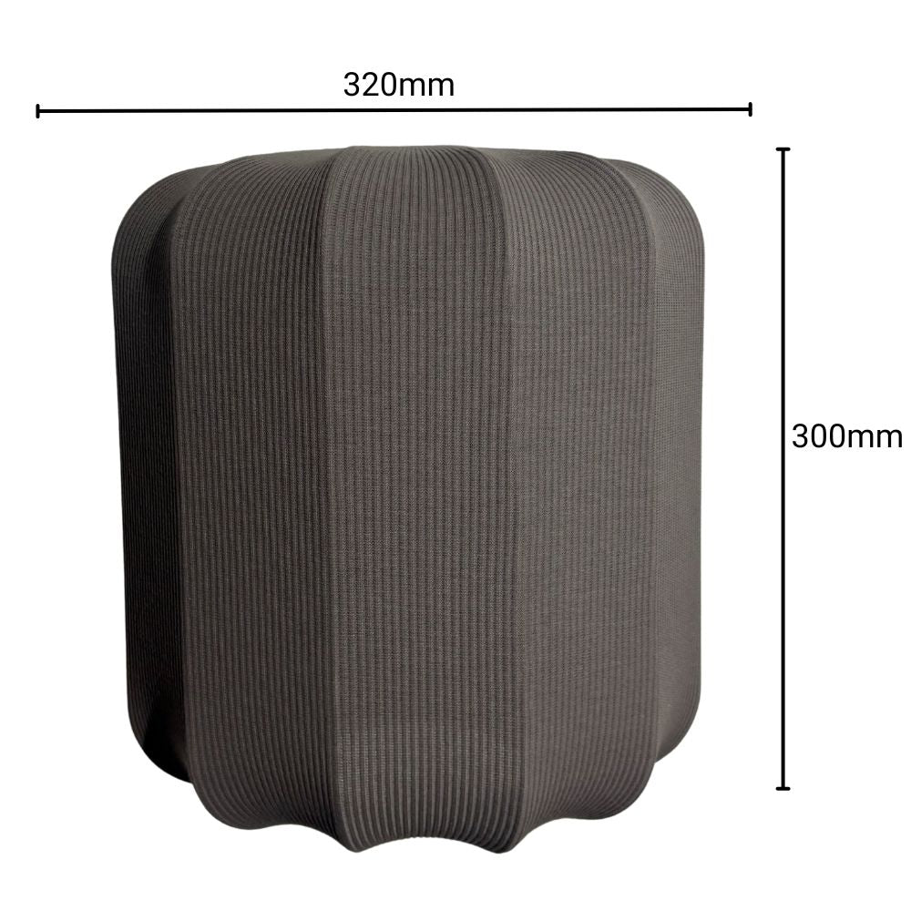 Gray textured ottoman with dimensions labeled on a white background