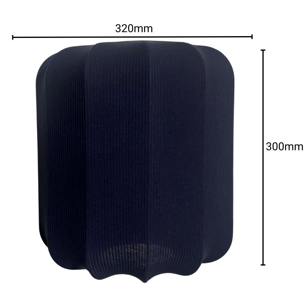 Navy lampshade with measurements on a white background