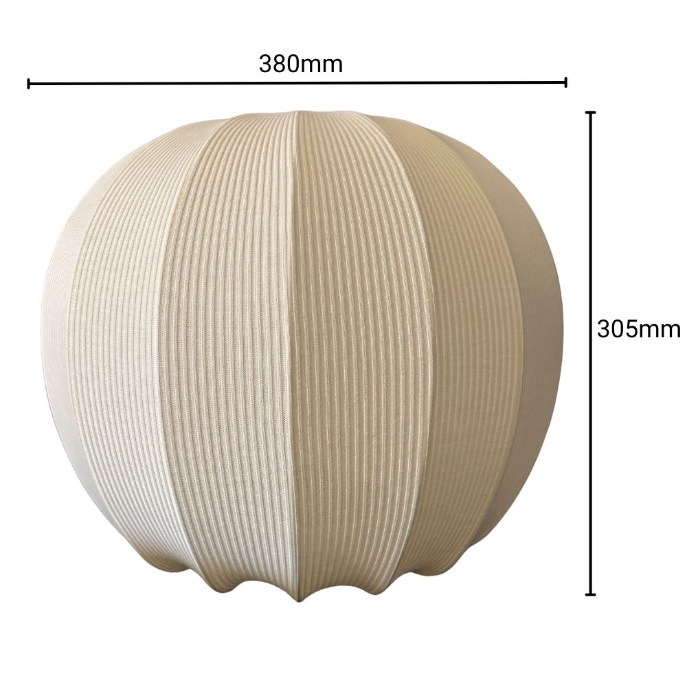 Beige spherical lampshade with dimensions labeled on a white background