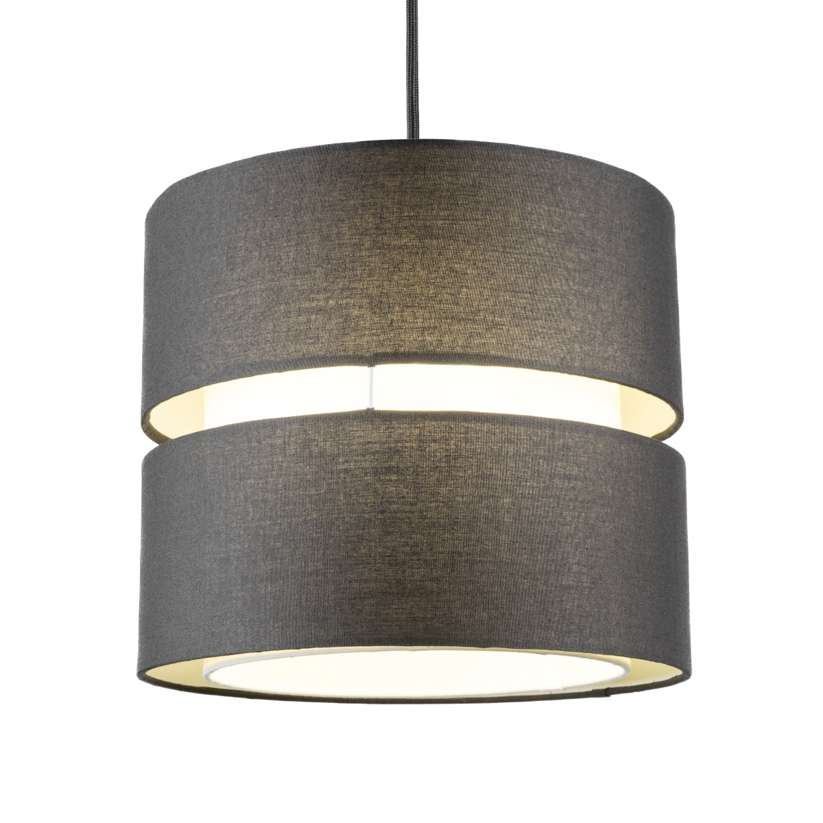 Our Gayle easy fit two tiered luxury fabric double layered shade is contemporary in its appearance and we have designed the shade to suit a range of interiors. Easy to fit simply attached to an existing pendant flitting.  It is crafted from high quality fabric material in two layers and complimented with a white inner which looks beautiful when light shines through