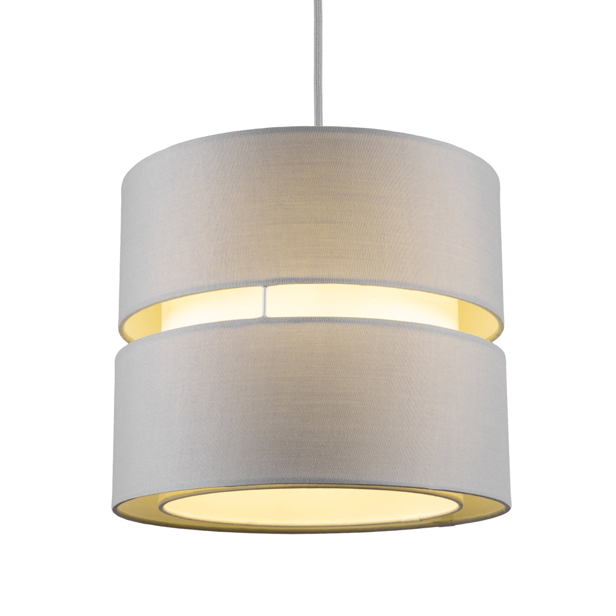 Our Gayle easy-fit two tiered luxury fabric double layered shade is contemporary in its appearance and we have designed the shade to suit a range of interiors. Easy to fit simply attached to an existing pendant flitting.  It is crafted from high quality fabric material in two layers and complimented with a white inner which looks beautiful when light shines through.