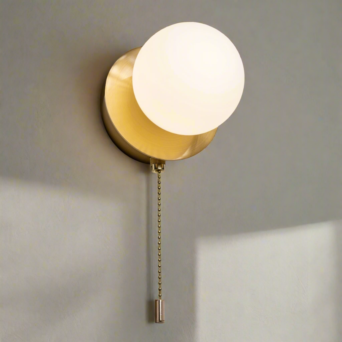 CGC MACIE Satin Gold & White Opal Globe LED Rechargeable Magnetic USB Reading Bedside Wall Light Pull Cord Switch