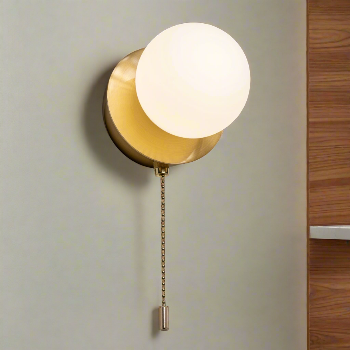 CGC MACIE Satin Gold & White Opal Globe LED Rechargeable Magnetic USB Reading Bedside Wall Light Pull Cord Switch