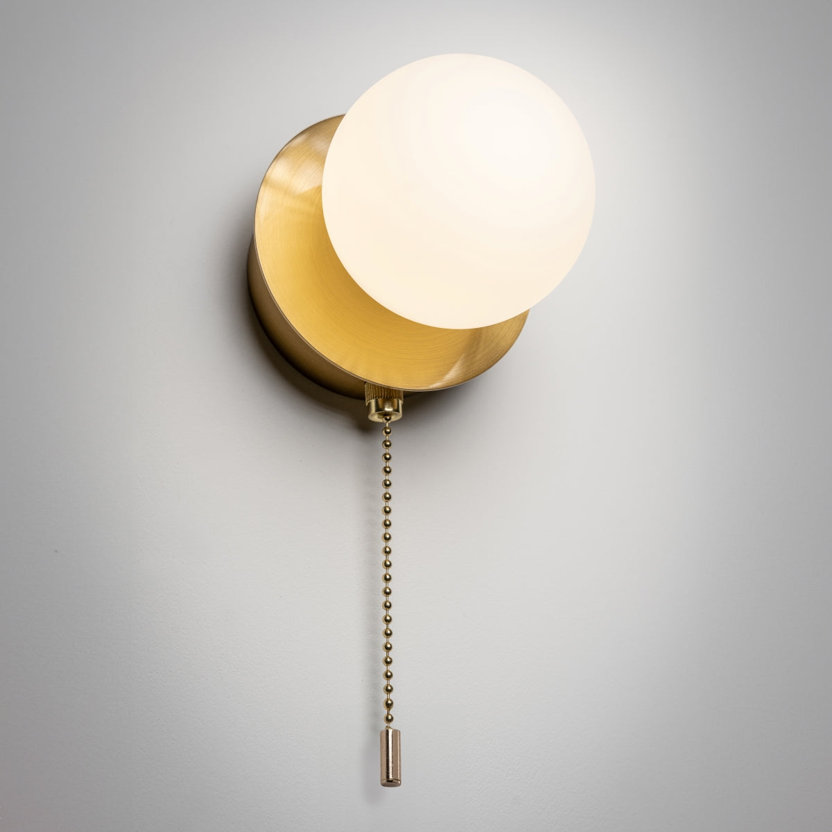 CGC MACIE Satin Gold & White Opal Globe LED Rechargeable Magnetic USB Reading Bedside Wall Light Pull Cord Switch