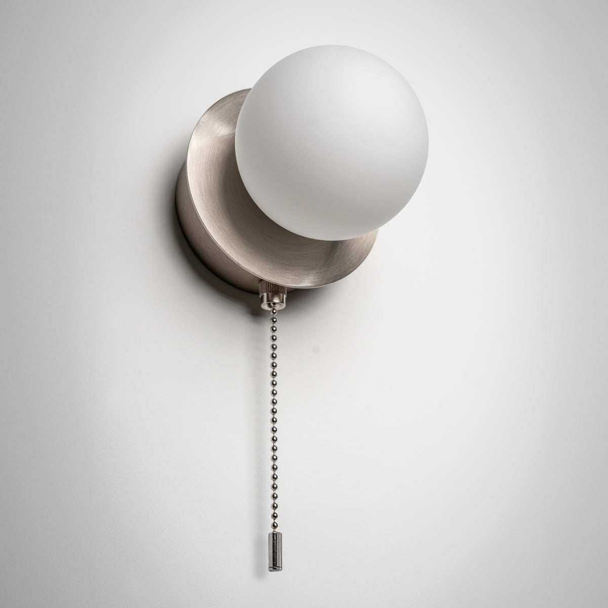 CGC MACIE Satin Nickel & White Opal Globe LED Rechargeable Magnetic USB Reading Bedside Wall Light Pull Cord Switch