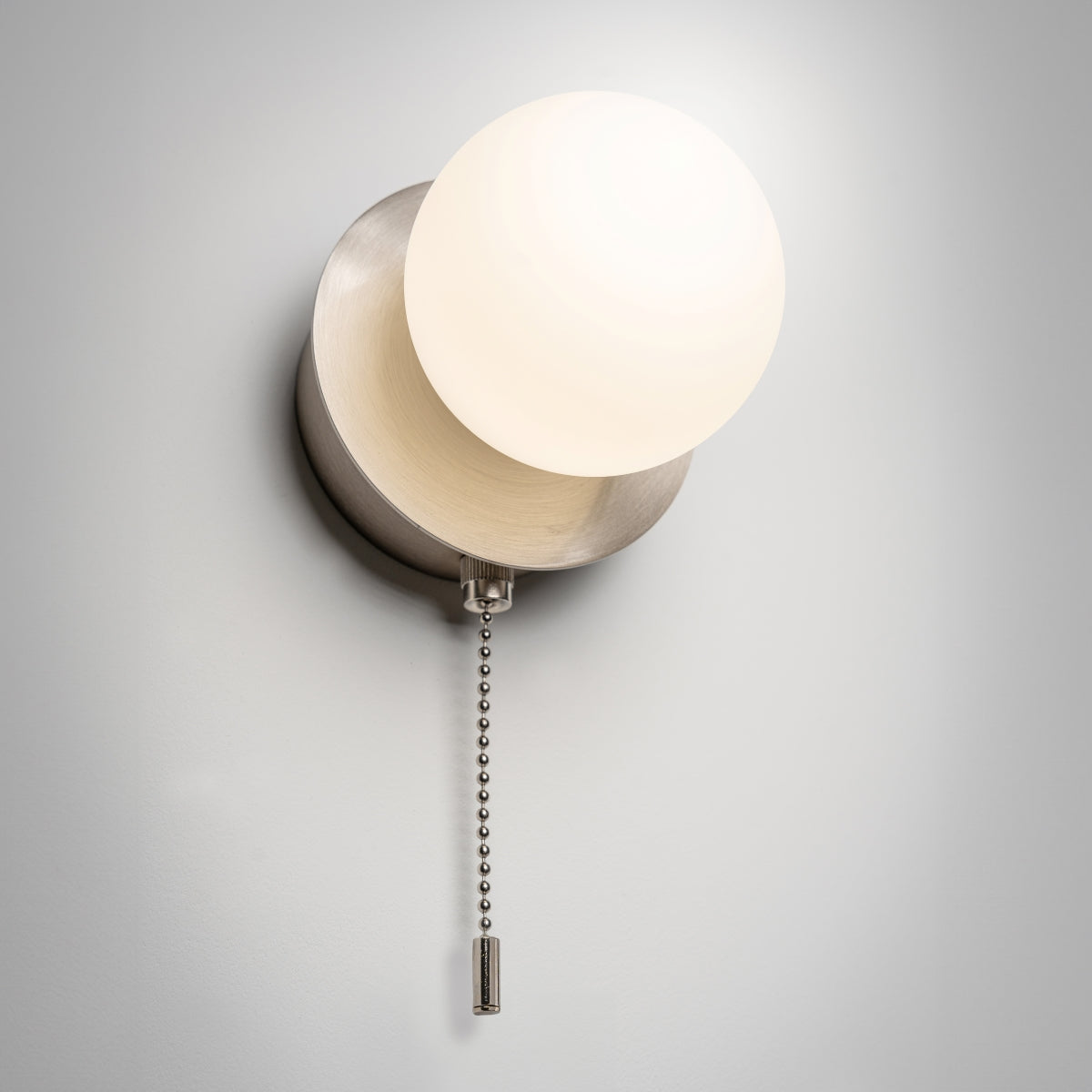 CGC MACIE Satin Nickel & White Opal Globe LED Rechargeable Magnetic USB Reading Bedside Wall Light Pull Cord Switch