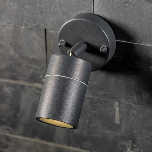 Our Mia outdoor single down light is modern and stylish in its appearance.  It comes in a adjustable cylinder design mounted on a circular back plate and clear glass diffuser. It is designed for durability and longevity with its robust material producing a fully weatherproof and water resistant light fitting