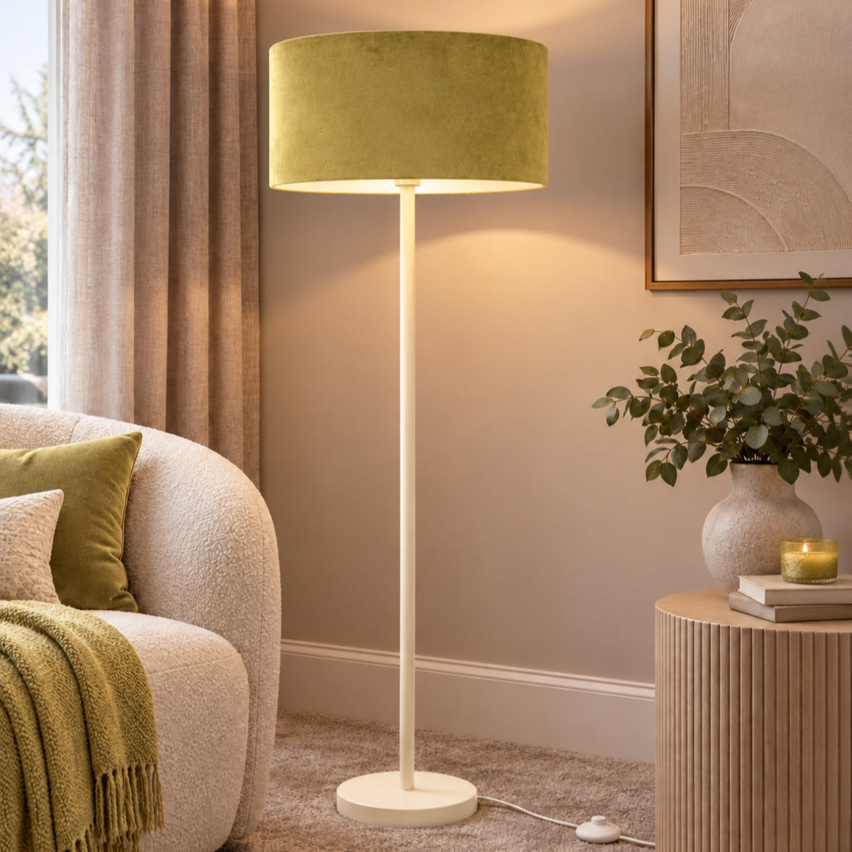 CGC Lena Cream Straight Floor Lamp with 45cm Large Velvet Lampshade