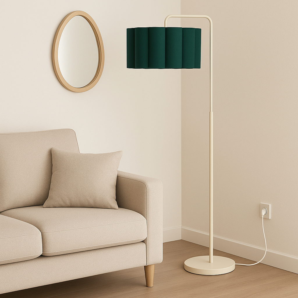 Modern living room with a beige sofa, green floor lamp, and round mirror.