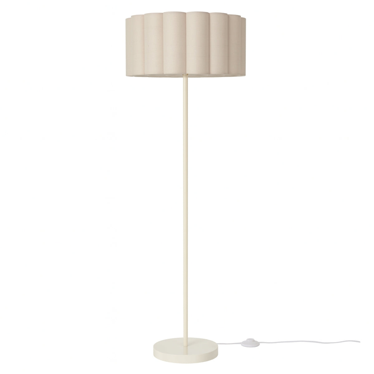 Floor lamp with a beige ribbed shade on a white background