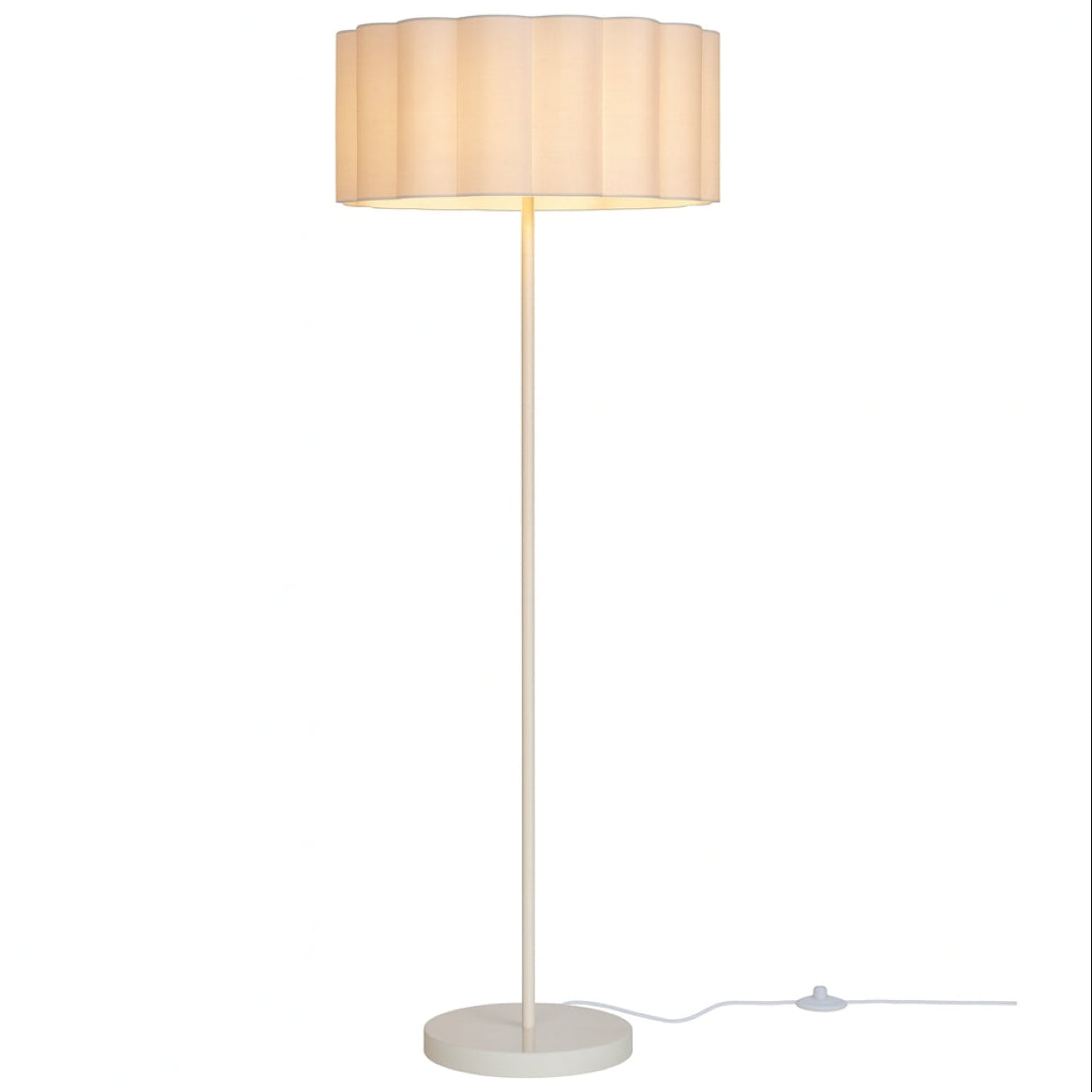 Floor lamp with a beige shade and base on a white background