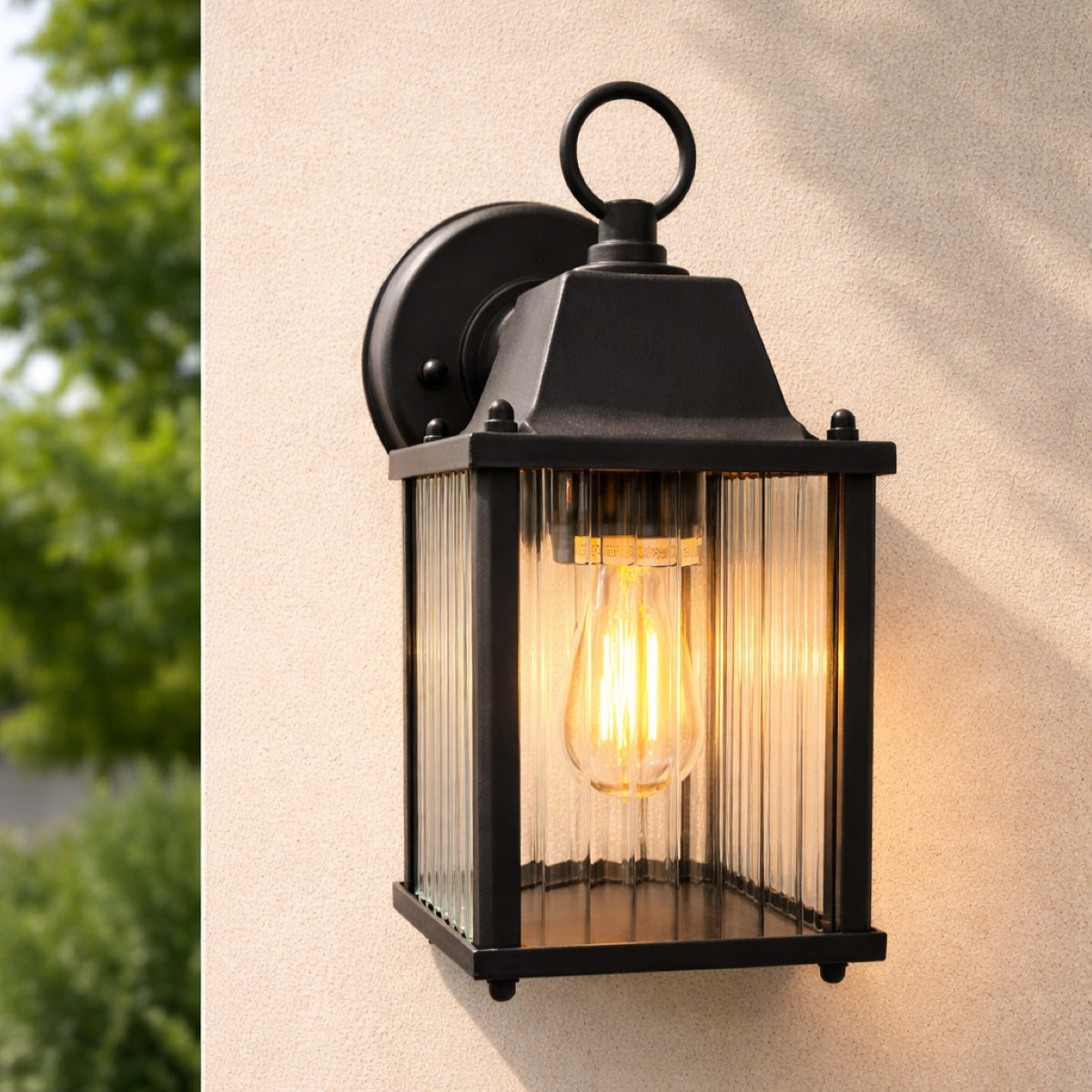 CGC Santiago Mini Black Coach Lantern Wall Light with Ribbed Glass