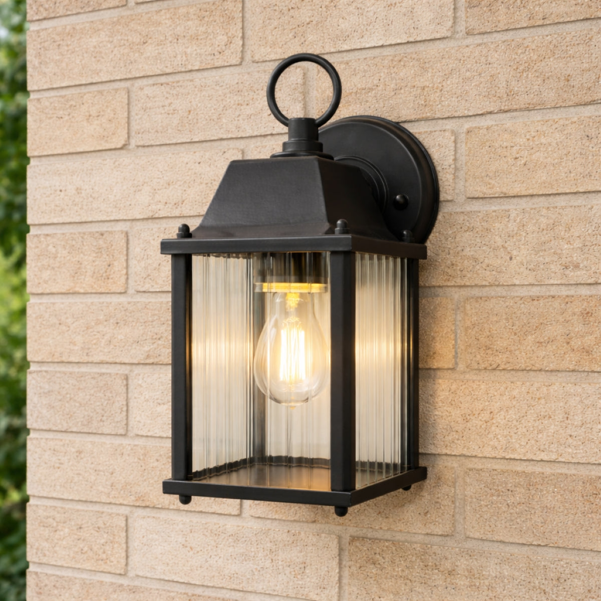CGC Santiago Mini Black Coach Lantern Wall Light with Ribbed Glass