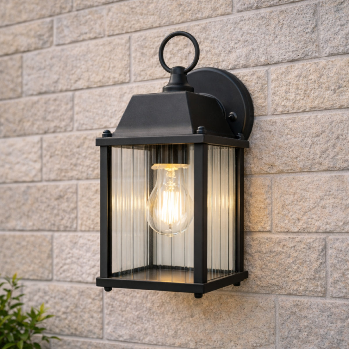 CGC Santiago Mini Black Coach Lantern Wall Light with Ribbed Glass