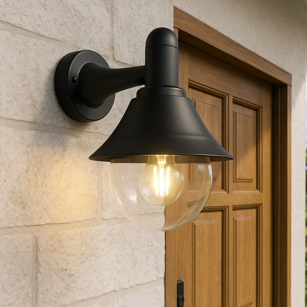 Black outdoor wall light fixture on a stone wall with a wooden door in the background
