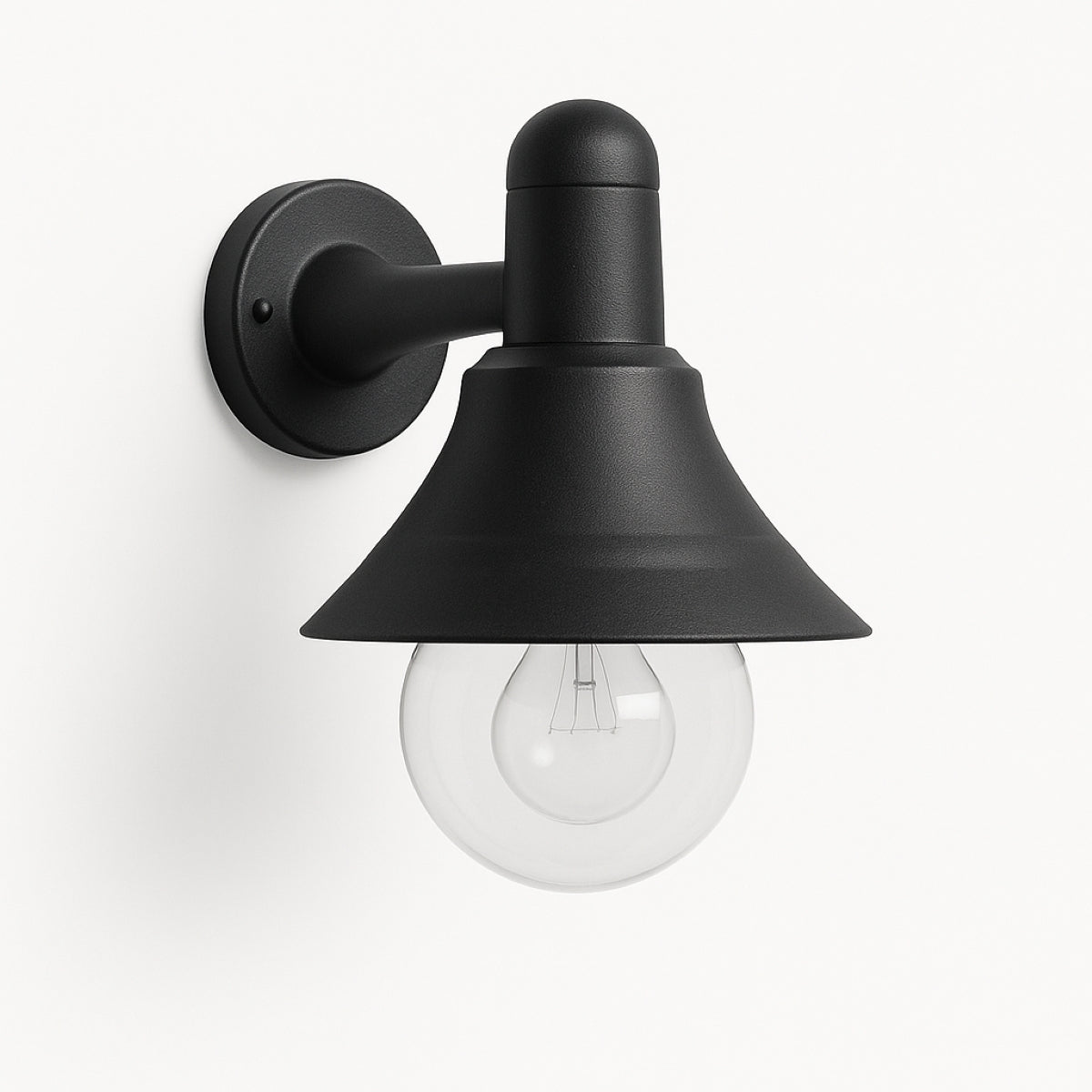 Black wall-mounted light fixture with a clear bulb on a white background