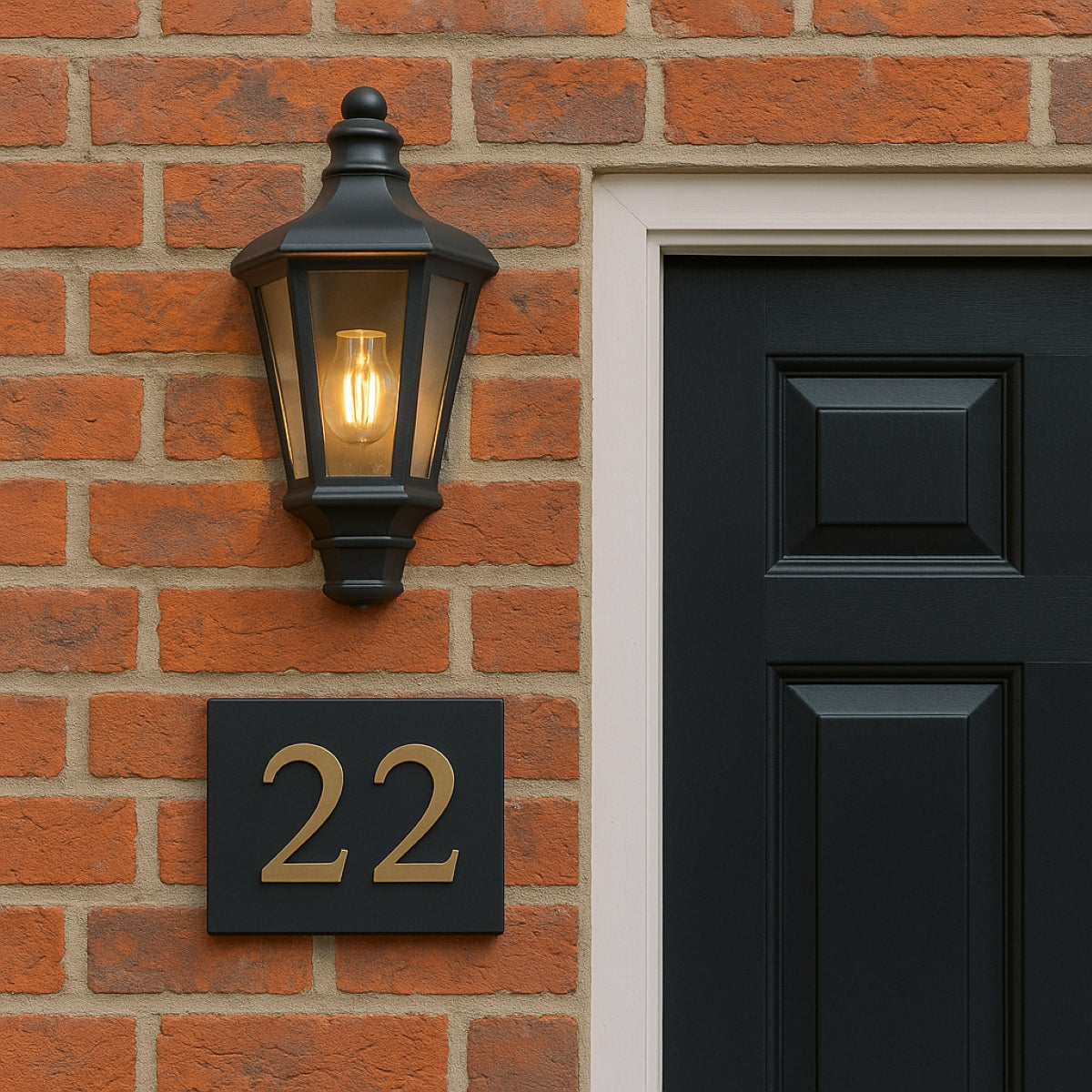 Black outdoor lamp and house number '22' on a brick wall.
