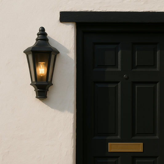 Black door with a wall-mounted light fixture on a beige wall
