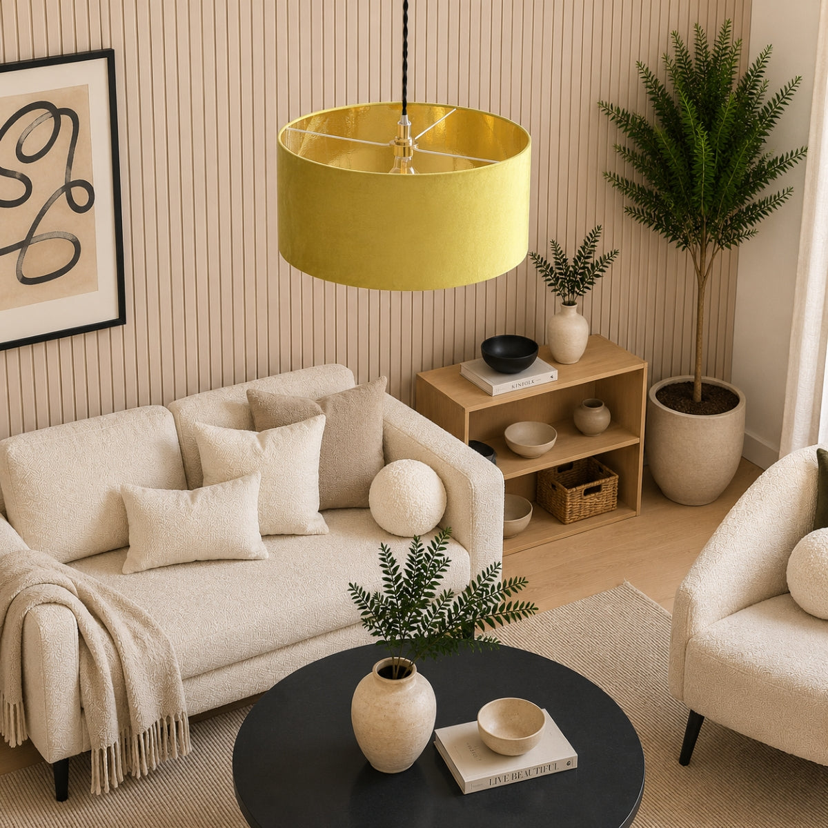 CGC MILANO Mustard Yellow & Gold Oversized Large Velvet Fabric Lamp Shade